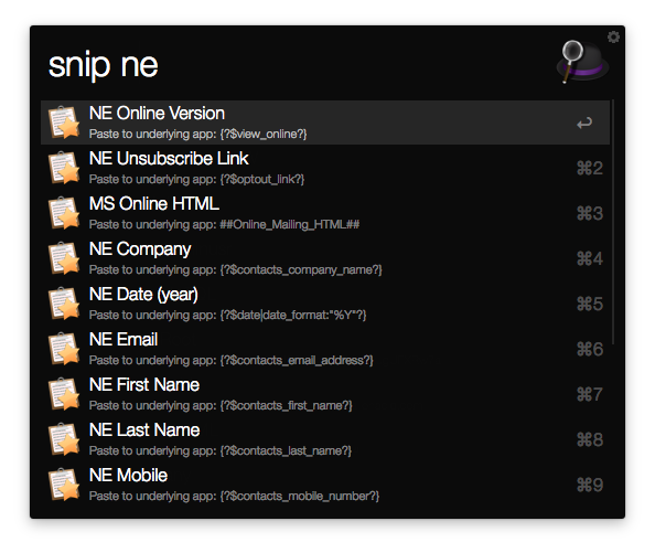 Alfred popup showing snippets