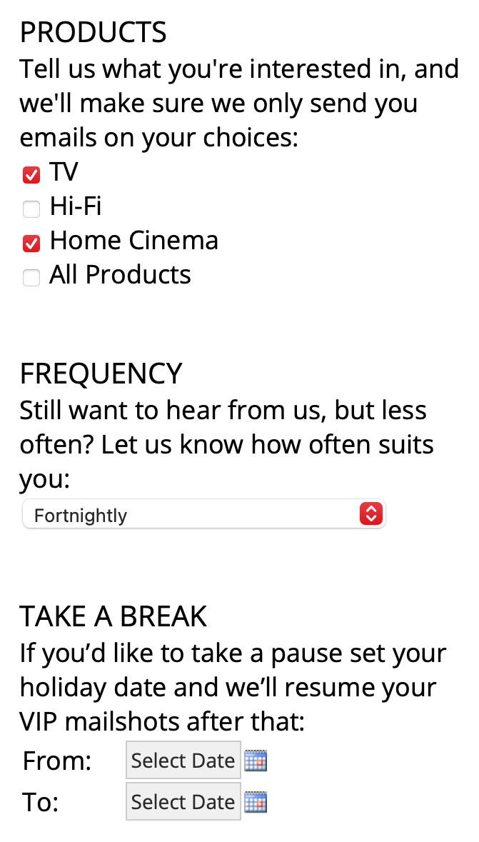 Screenshot of a Richer Sounds preference centre